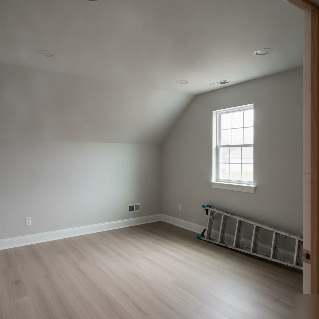 Finished attic conversion with drywall walls sloped ceiling recessed lighting and LVP flooring in a Leesburg VA home