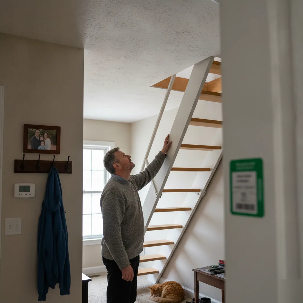 Homeowner pulling down finished attic stair access in a Leesburg VA home after completed attic conversion