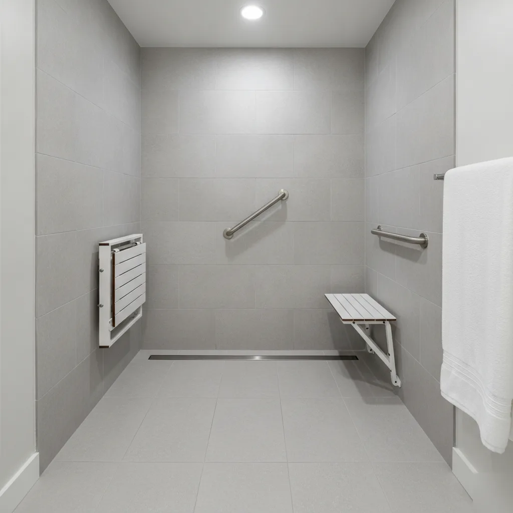 Completed zero-threshold walk-in shower with grab bars fold-down bench and linear drain for aging-in-place remodeling in Leesburg VA