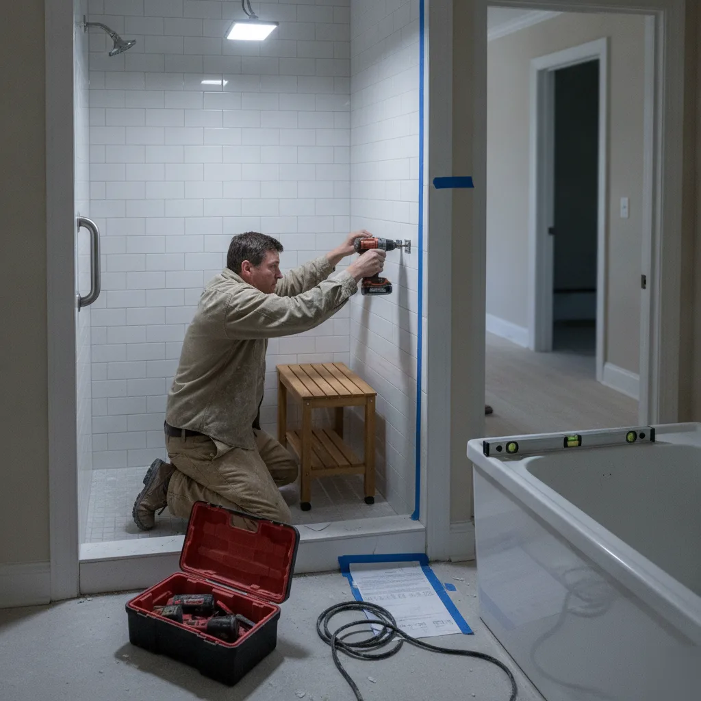 Contractor drilling grab bar into tiled shower wall during aging-in-place bathroom remodel in Leesburg VA