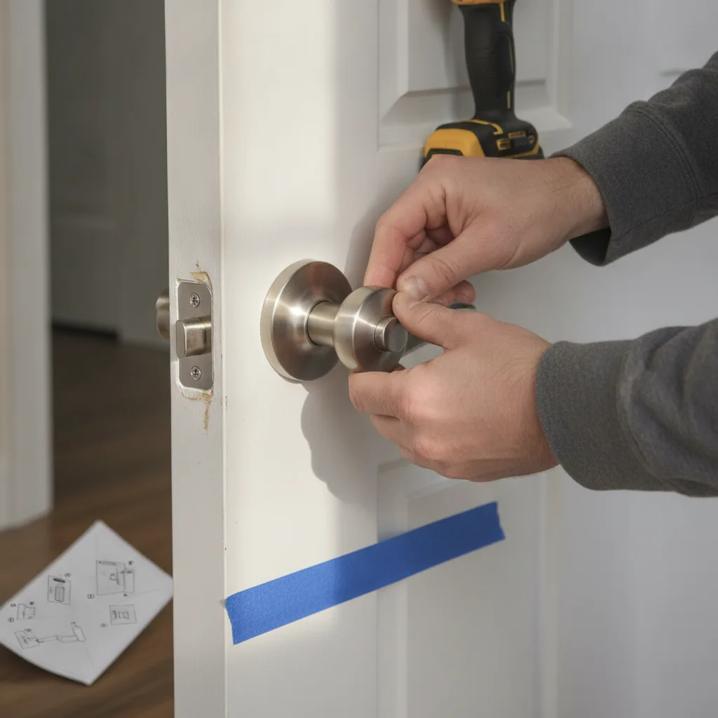 Installer removing a round door knob and replacing it with a lever-style handle during aging-in-place remodeling in Leesburg VA