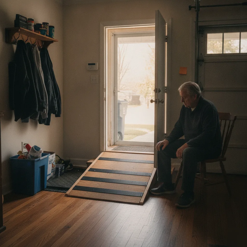 Older adult seated near interior threshold ramp at garage entry door in a Leesburg VA home modified for aging in place