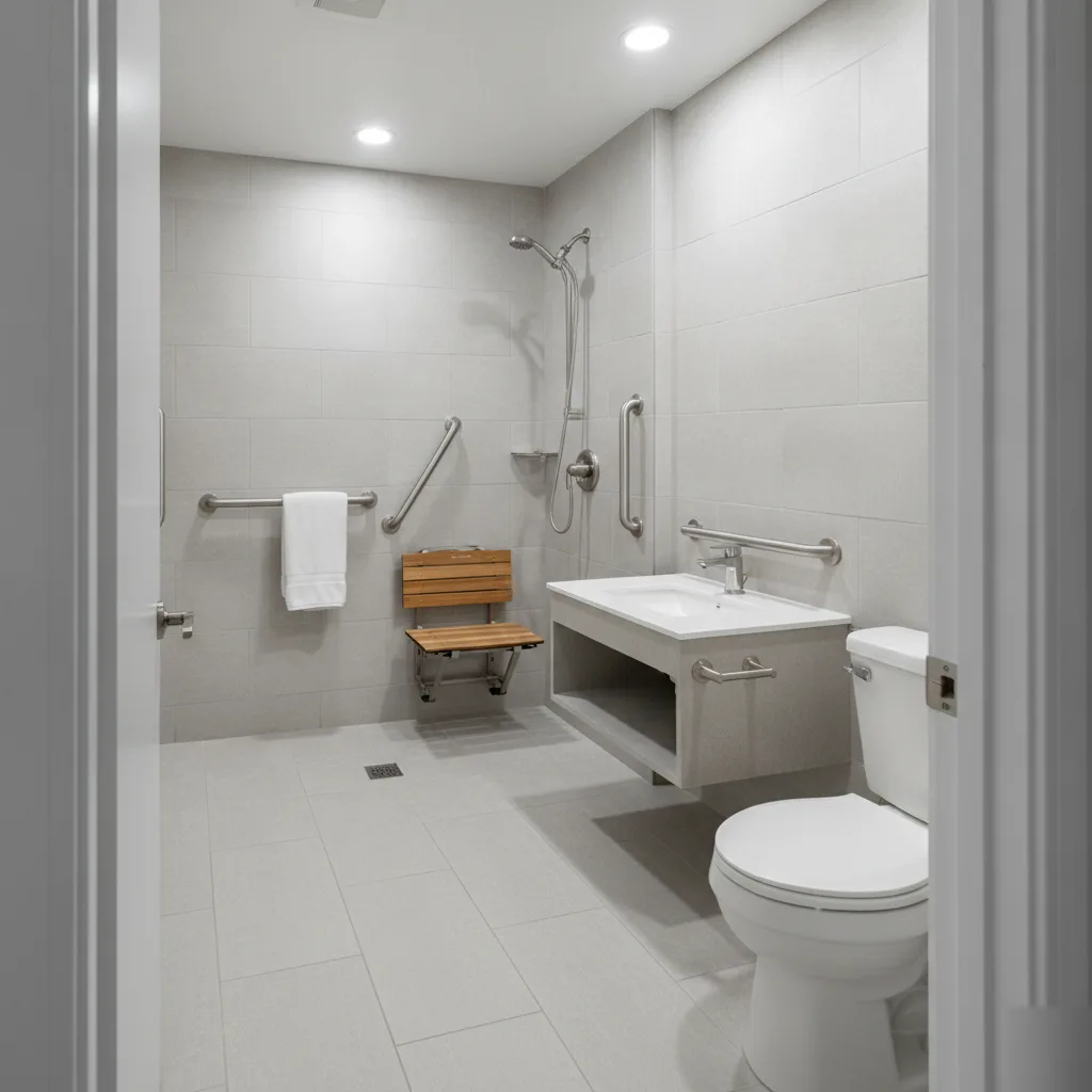 Completed ADA bathroom renovation with roll-in shower grab bars fold-down bench floating vanity and comfort-height toilet in Leesburg VA