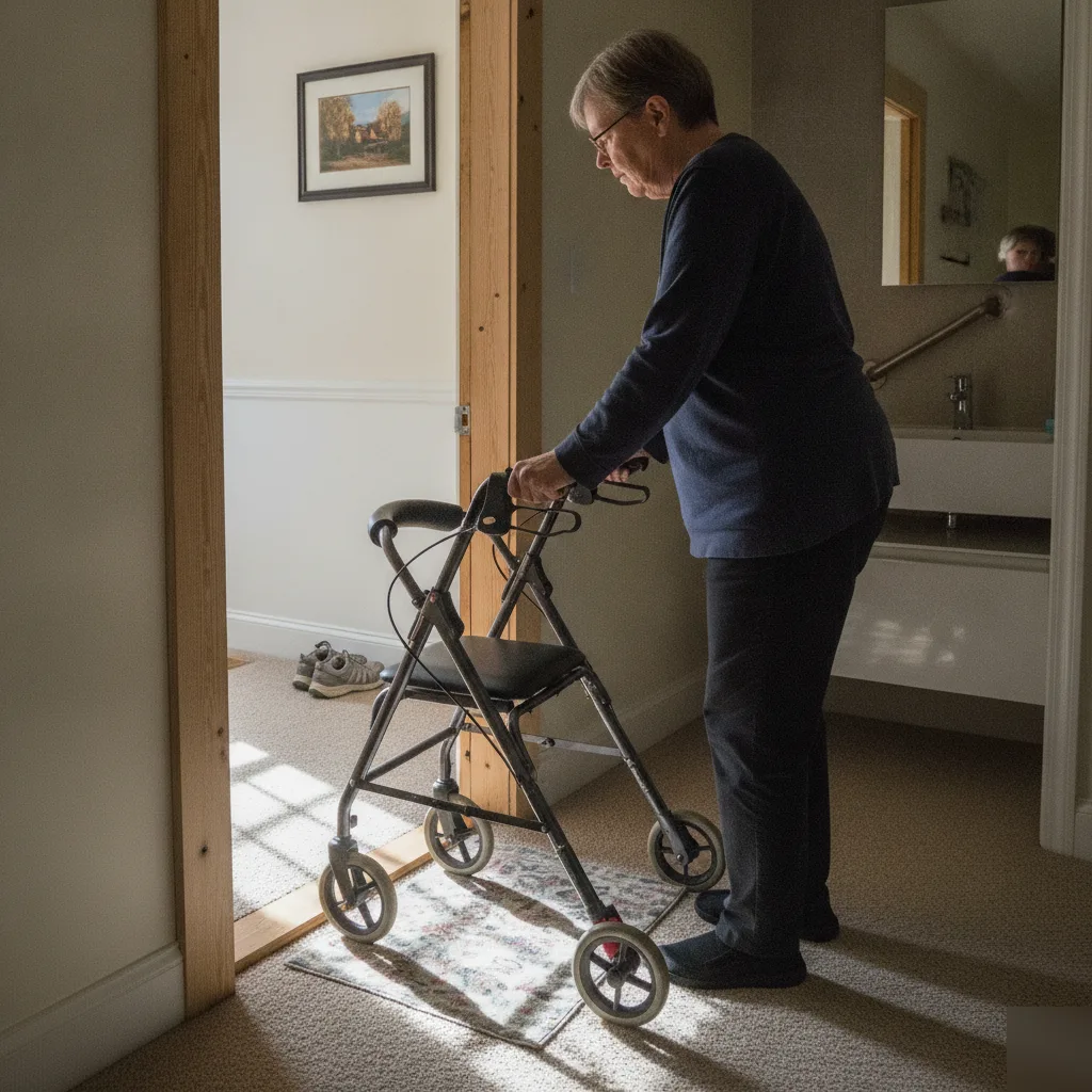 Older adult using a rollator walker approaching a widened bathroom doorway in a Leesburg VA home after ADA upgrade