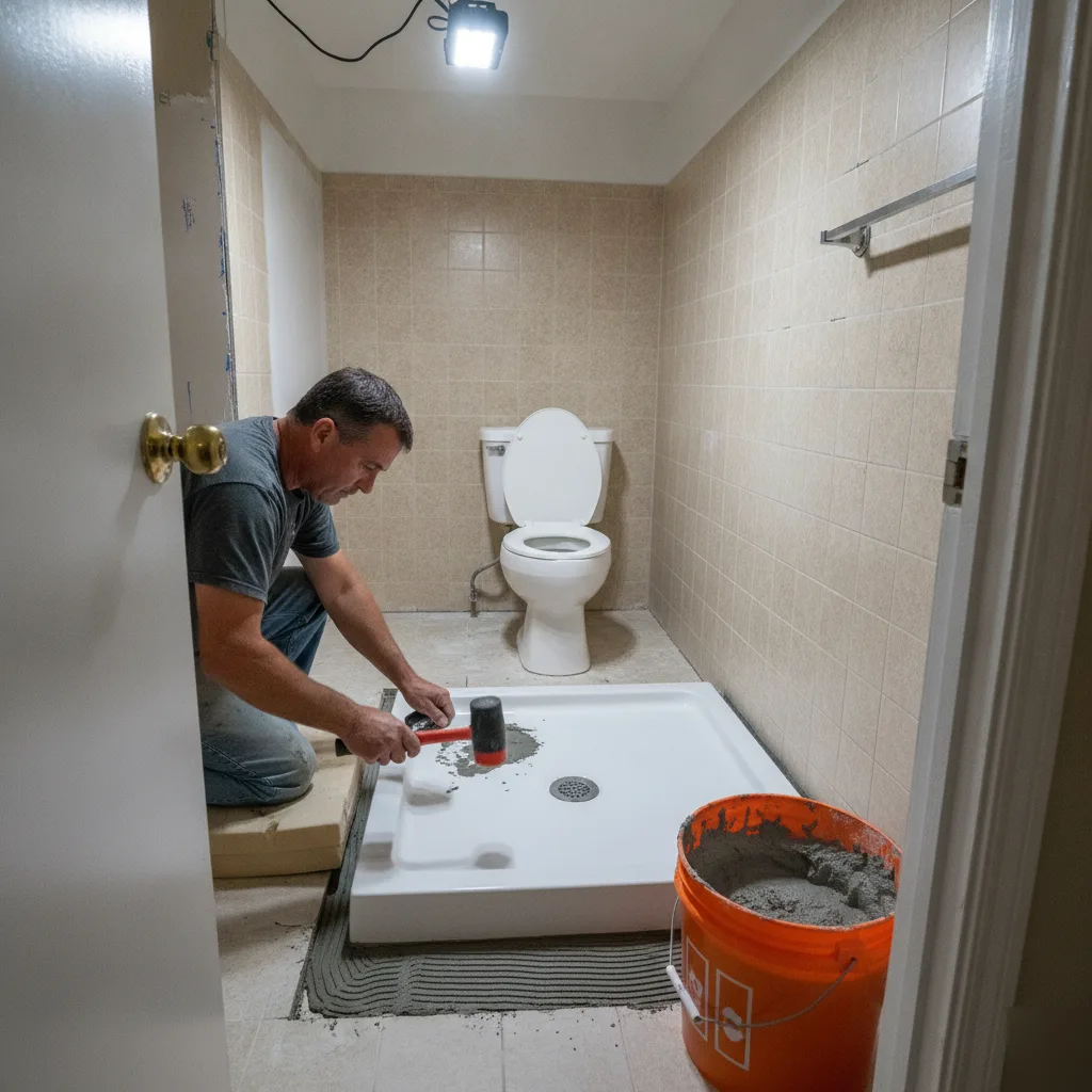 Contractor setting a roll-in shower pan during ADA bathroom upgrade installation in a Leesburg VA home