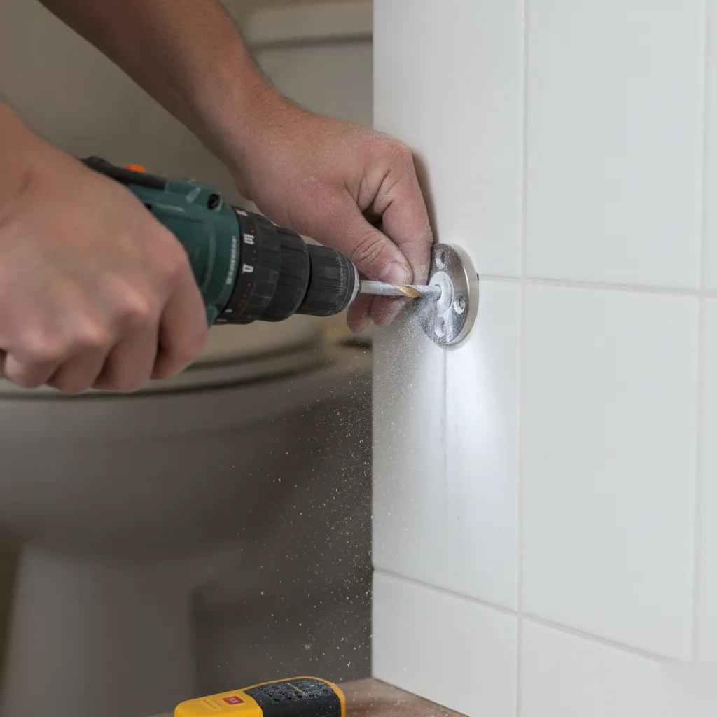 Close-up of contractor drilling through tile to anchor a grab bar mounting flange during ADA bathroom upgrade in Leesburg VA