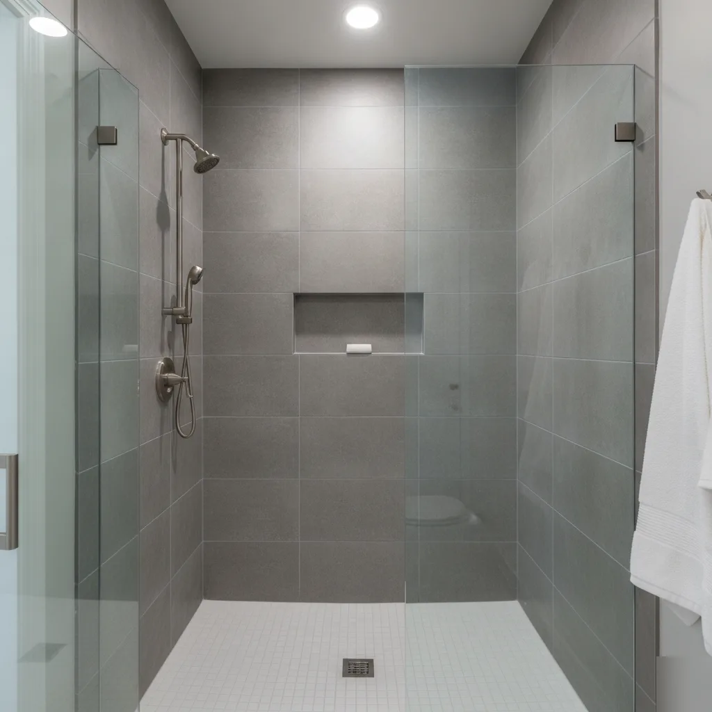 Completed walk-in shower conversion with large gray porcelain tile linear drain recessed niche and frameless glass panels in Leesburg VA