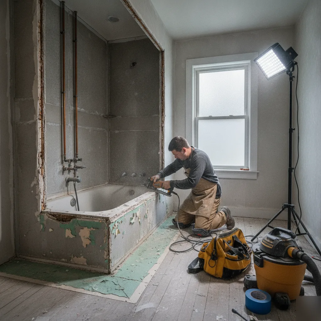 Contractor demolishing old tub surround during walk-in shower conversion demo day with exposed subfloor and copper plumbing in Leesburg VA