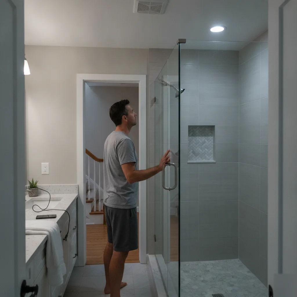 Homeowner inspecting completed walk-in shower conversion with glass door and tiled niche in a Leesburg VA bathroom