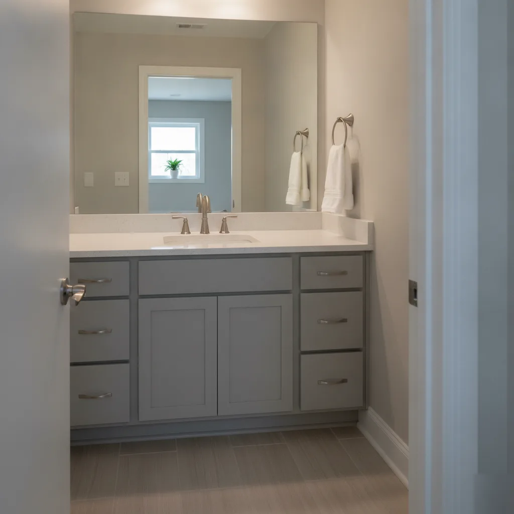 Completed vanity installation with gray shaker cabinet quartz countertop undermount sink brushed nickel faucet and frameless mirror in Leesburg VA