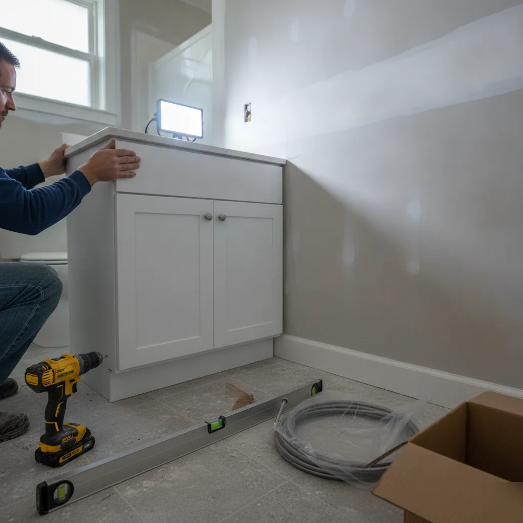 Contractor positioning a new white shaker vanity cabinet against the bathroom wall during installation in Leesburg VA