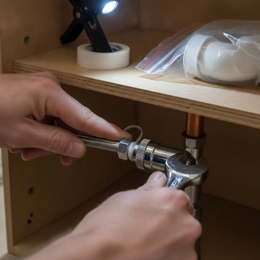 Close-up of installer connecting braided stainless supply line to shutoff valve under a new vanity cabinet in Leesburg VA