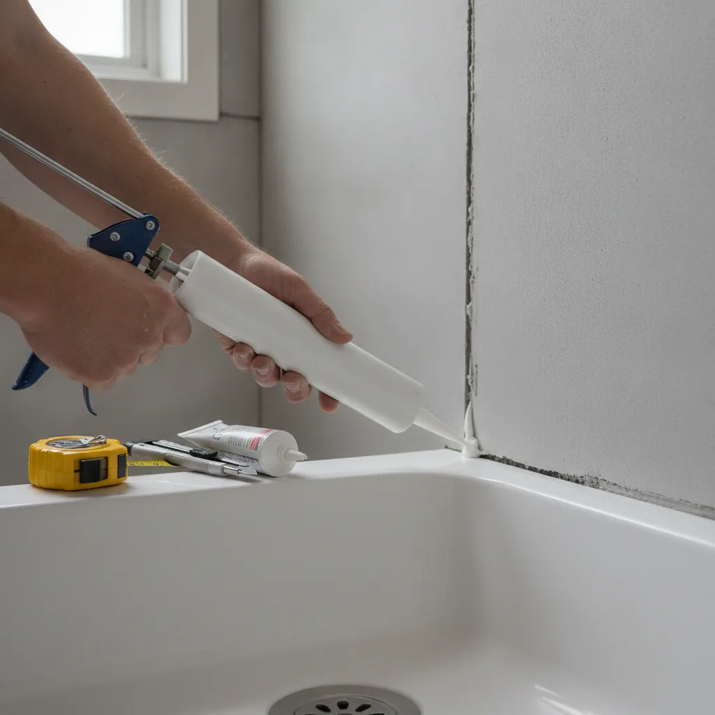 Contractor applying silicone caulk at the wall-to-pan seam during tub to shower conversion installation in Leesburg VA