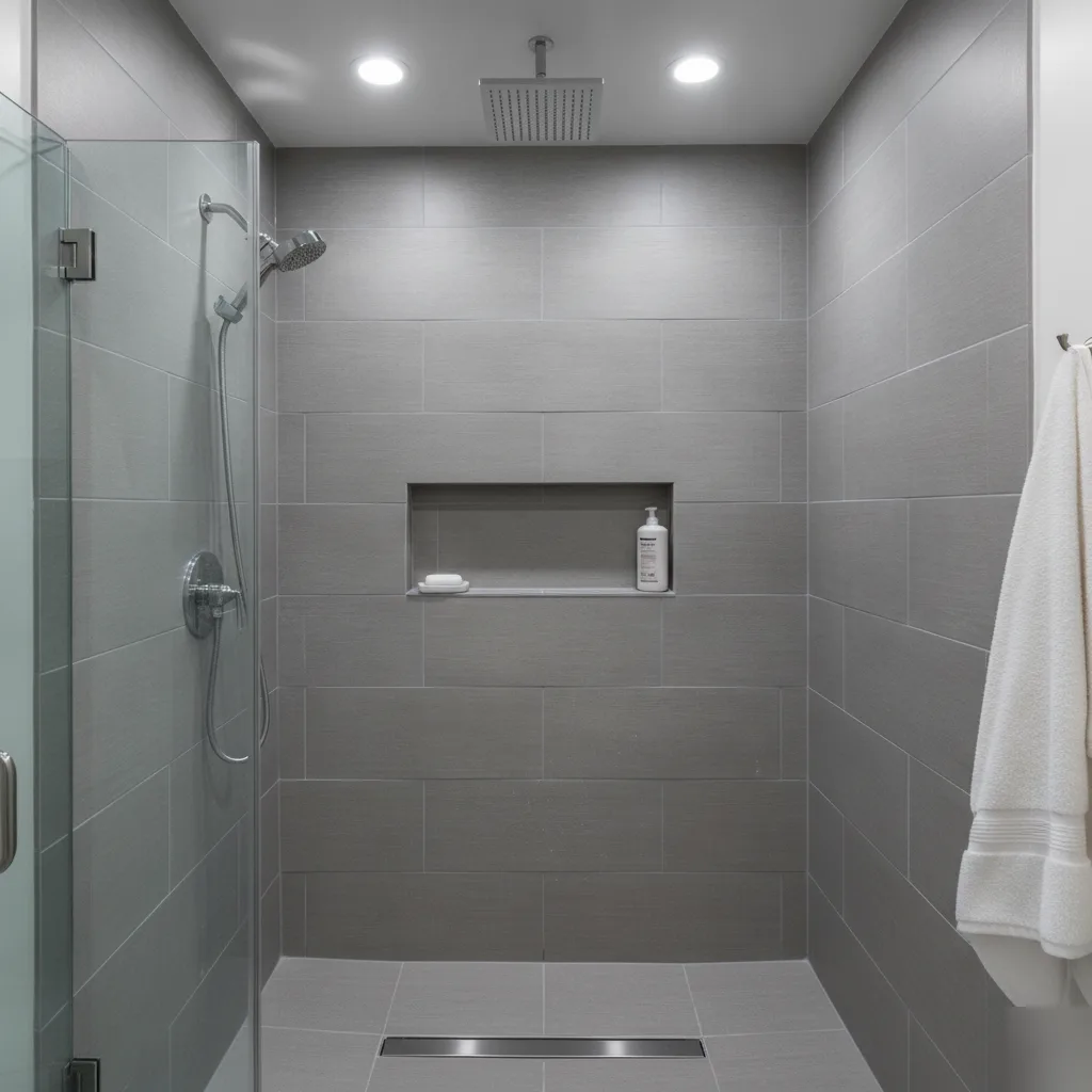 Completed tub to shower conversion with large format gray porcelain tile rain head recessed niche and linear drain in Leesburg VA