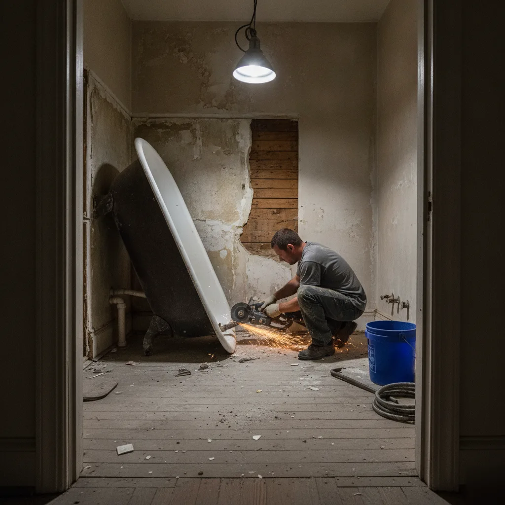 Contractor cutting through a cast iron tub with an angle grinder during tub removal demo day for shower conversion in Leesburg VA