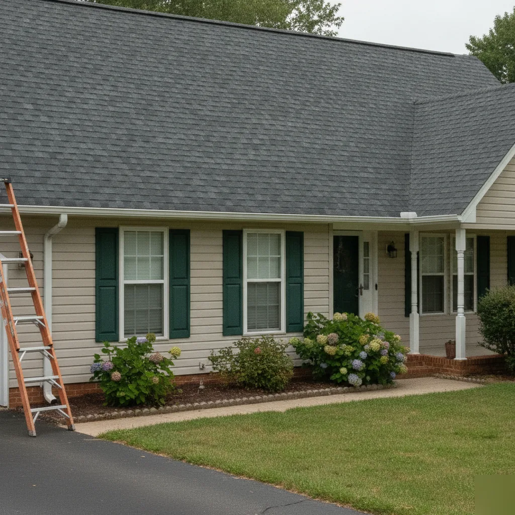 Completed asphalt shingle roof replacement on a ranch-style home in Leesburg VA with charcoal shingles and ladder visible