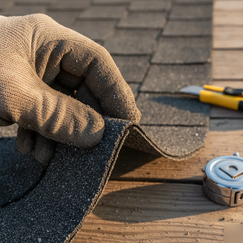 Close-up of a worn asphalt shingle with severe granule loss showing bare black mat substrate on a Leesburg VA roof