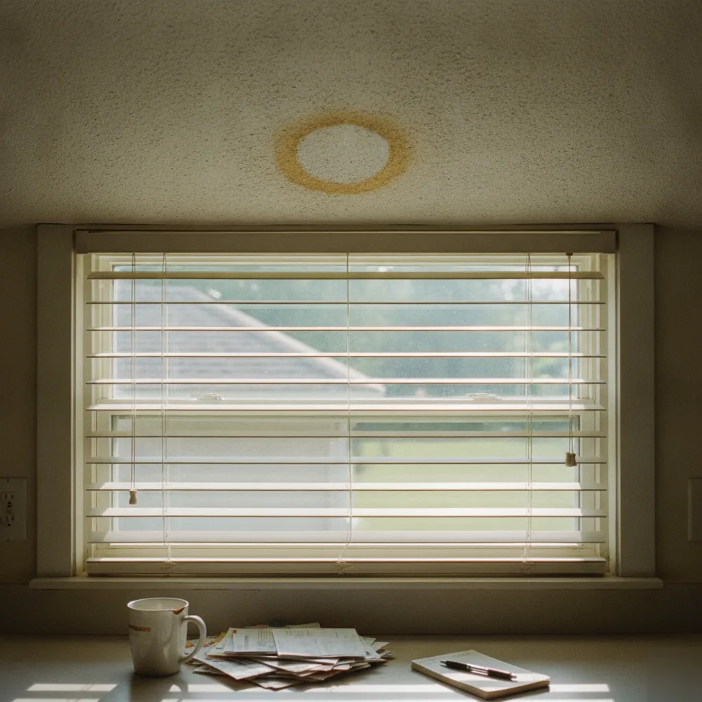 Brown ring-shaped water stain on a ceiling in a Leesburg VA home caused by a roof leak through failing asphalt shingles