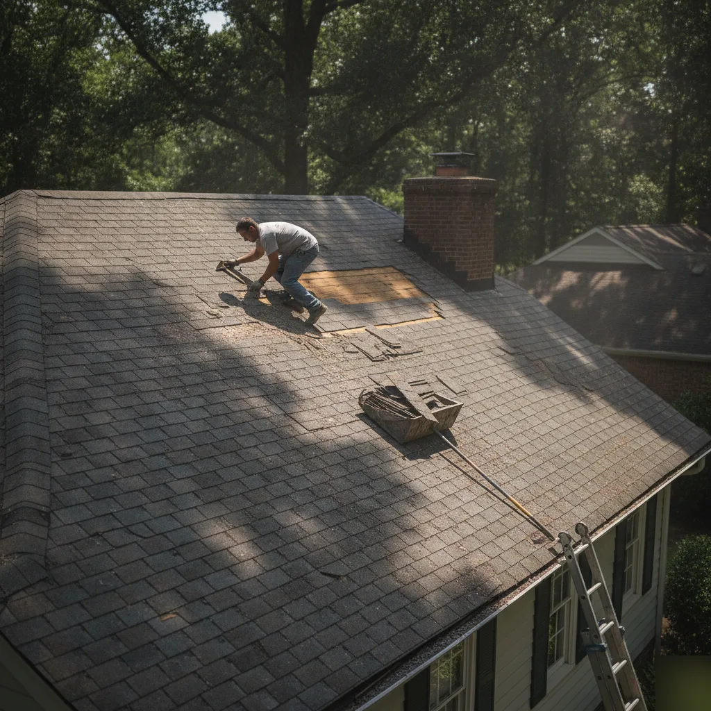 Roofing contractor tearing off worn asphalt shingles from a residential roof in Leesburg VA revealing the decking underneath