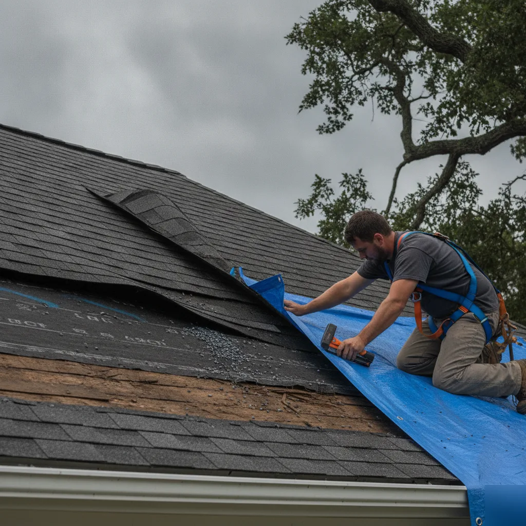 Roofing contractor in safety harness securing a blue tarp over storm-damaged and torn shingles during emergency roof repair in Leesburg VA