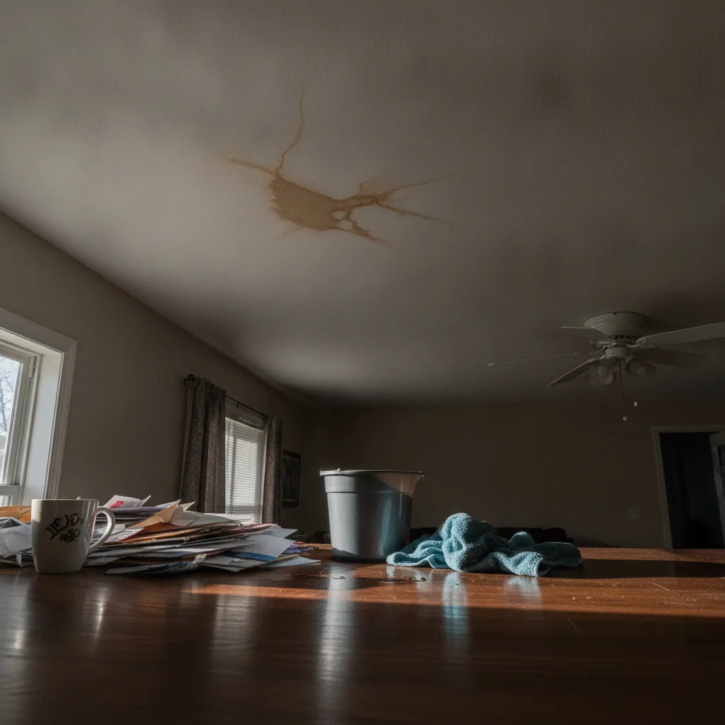 Active roof leak with water stain spreading across a ceiling and a bucket on the floor catching drips in a Leesburg VA home