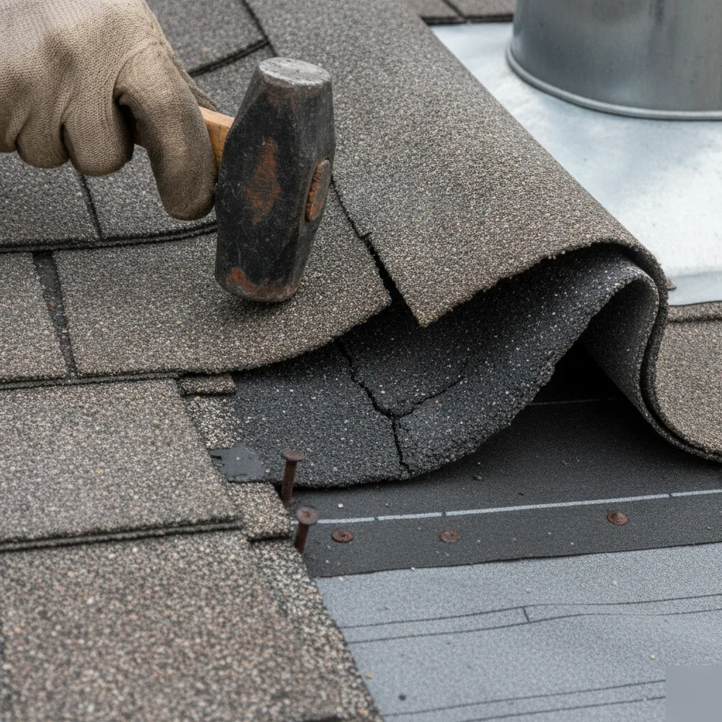 Close-up of a roofing contractor lifting a cracked curling asphalt shingle during roof inspection in Leesburg VA revealing exposed nail heads and underlayment