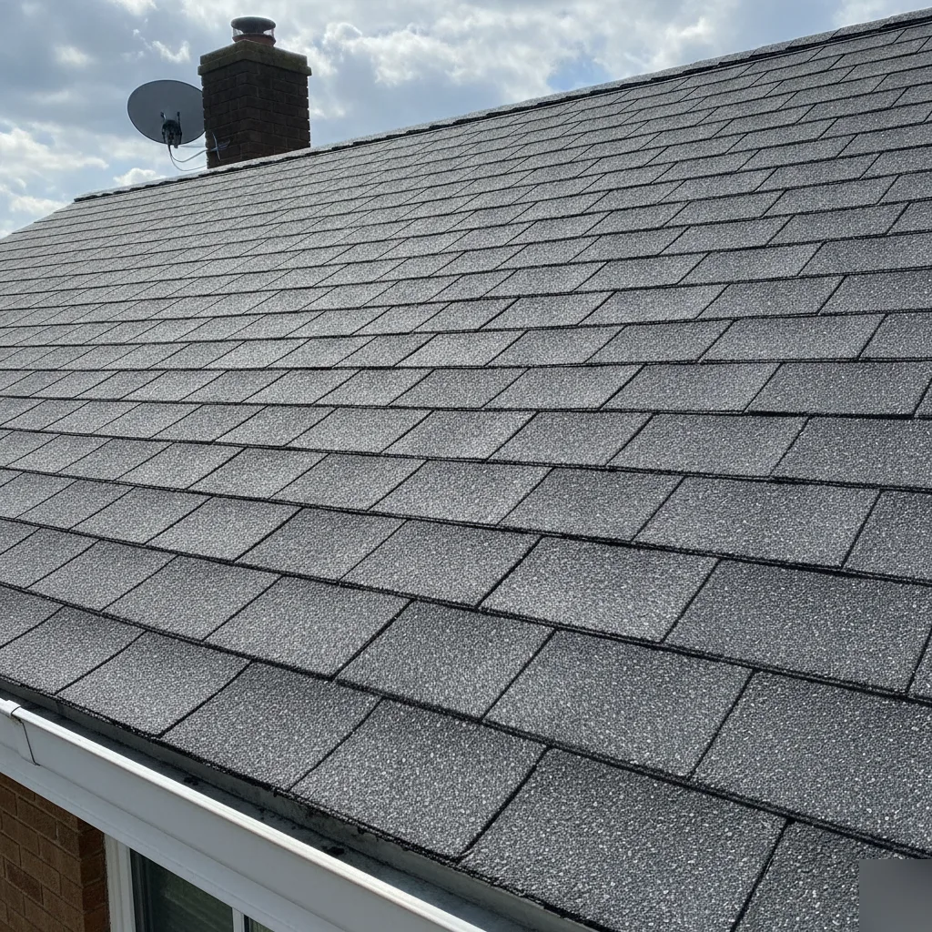 Completed permanent asphalt shingle patch repair on a Leesburg VA roof with new grey shingles blended into the existing roof surface