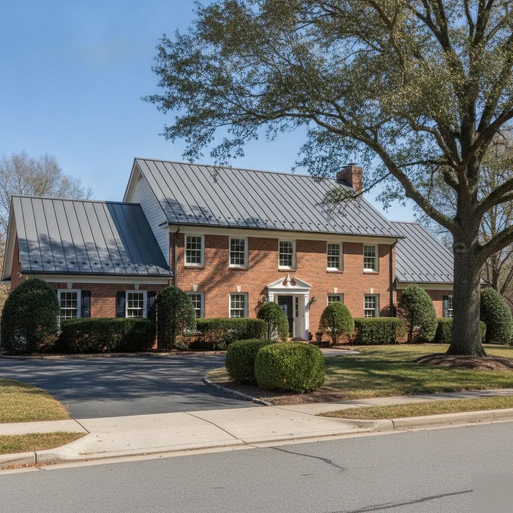 Completed standing seam metal roof installation on a two-story brick colonial home in Leesburg VA with charcoal grey panels and chimney