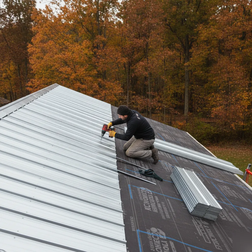 Roofing contractor fastening standing seam metal roof panels over underlayment on a residential roof in Leesburg VA during autumn