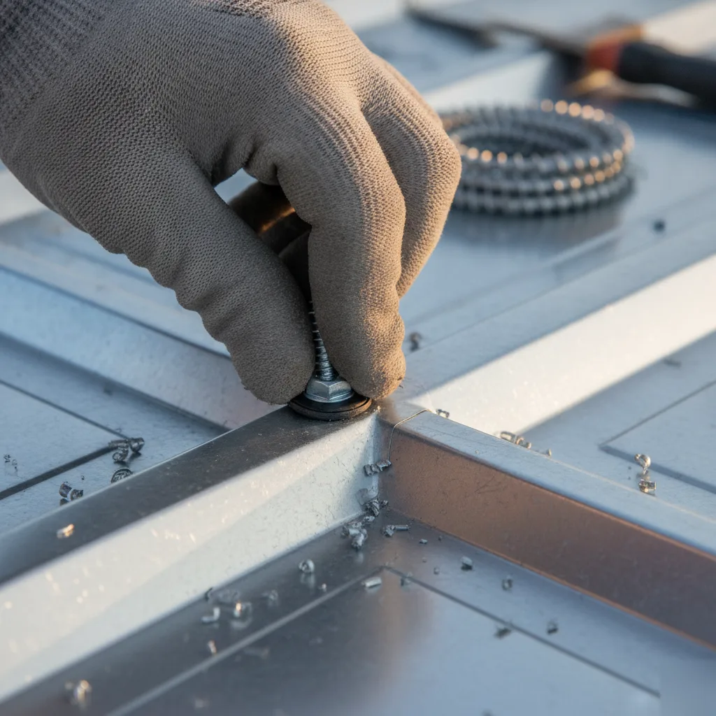 Close-up of a roofing contractor's gloved hand placing a hex-head screw fastener through a metal roofing panel into a seam in Leesburg VA