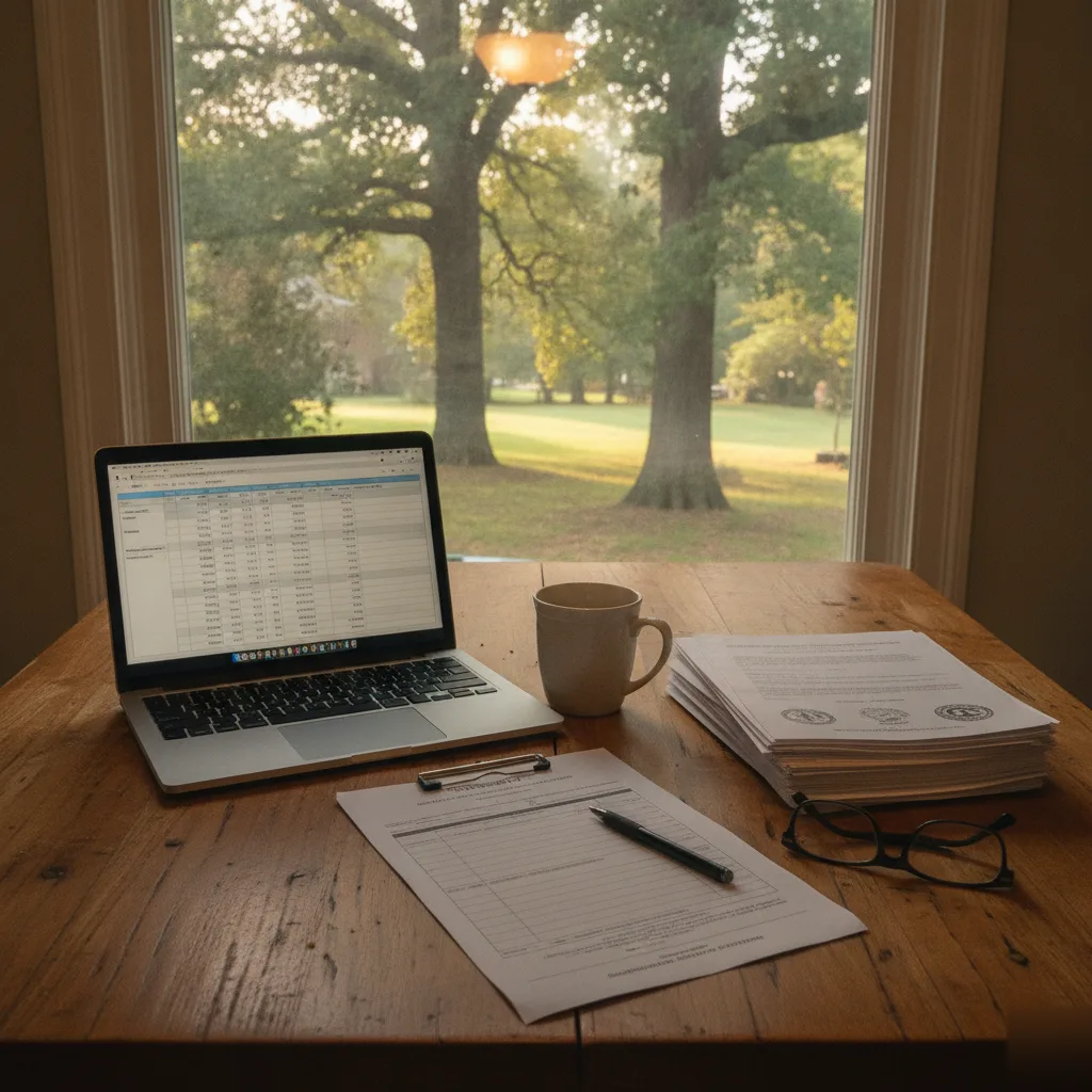 Homeowner reviewing metal roofing cost estimates and permits on a laptop and paper documents at a desk with a wooded yard view in Leesburg VA