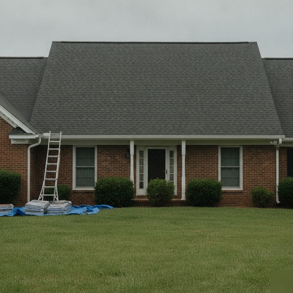 Completed new asphalt shingle roof installation on a brick ranch-style home in Leesburg VA with charcoal shingles ladder and shingle bundles on lawn