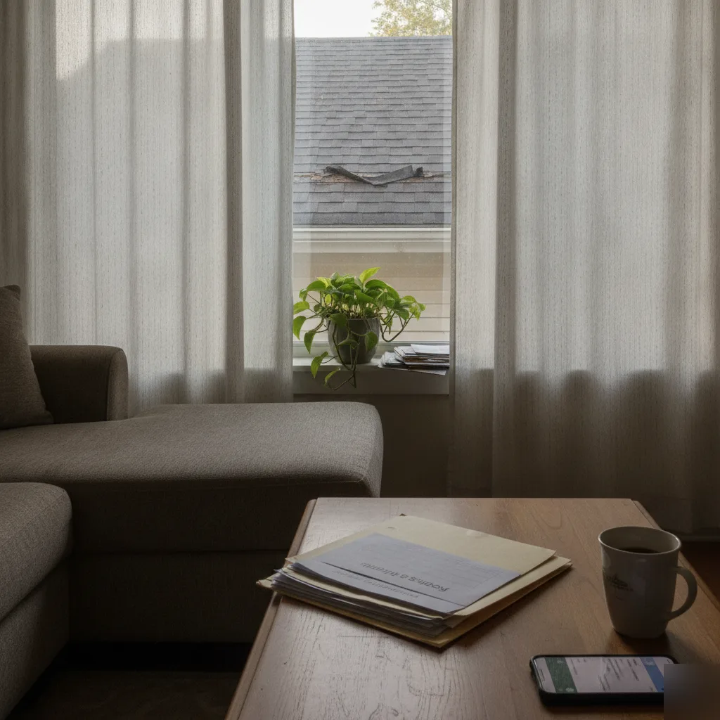 Homeowner reviewing roofing estimate documents on a coffee table in a Leesburg VA living room with damaged shingles visible through the window