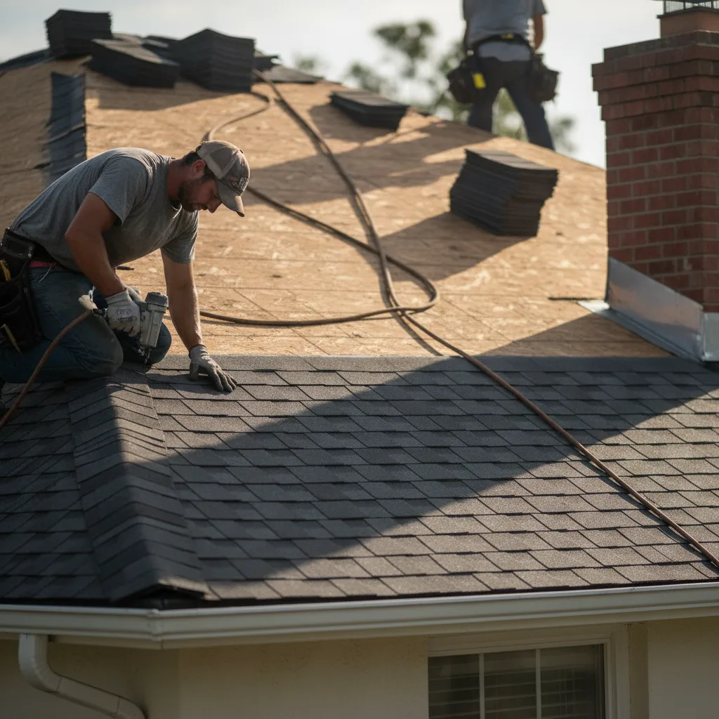 Two roofing contractors nailing new asphalt shingles on a residential roof in Leesburg VA with a chimney visible and shingle stacks on deck