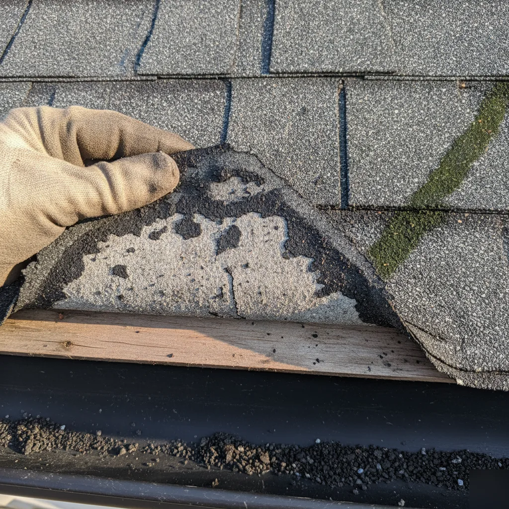 Close-up of a severely curled and cracked asphalt shingle with granule loss being lifted by a gloved hand during roof inspection in Leesburg VA