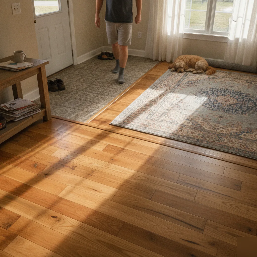 Completed hardwood floor installation in a Leesburg VA home entryway showing natural oak planks meeting tile transition with a dog resting on a rug
