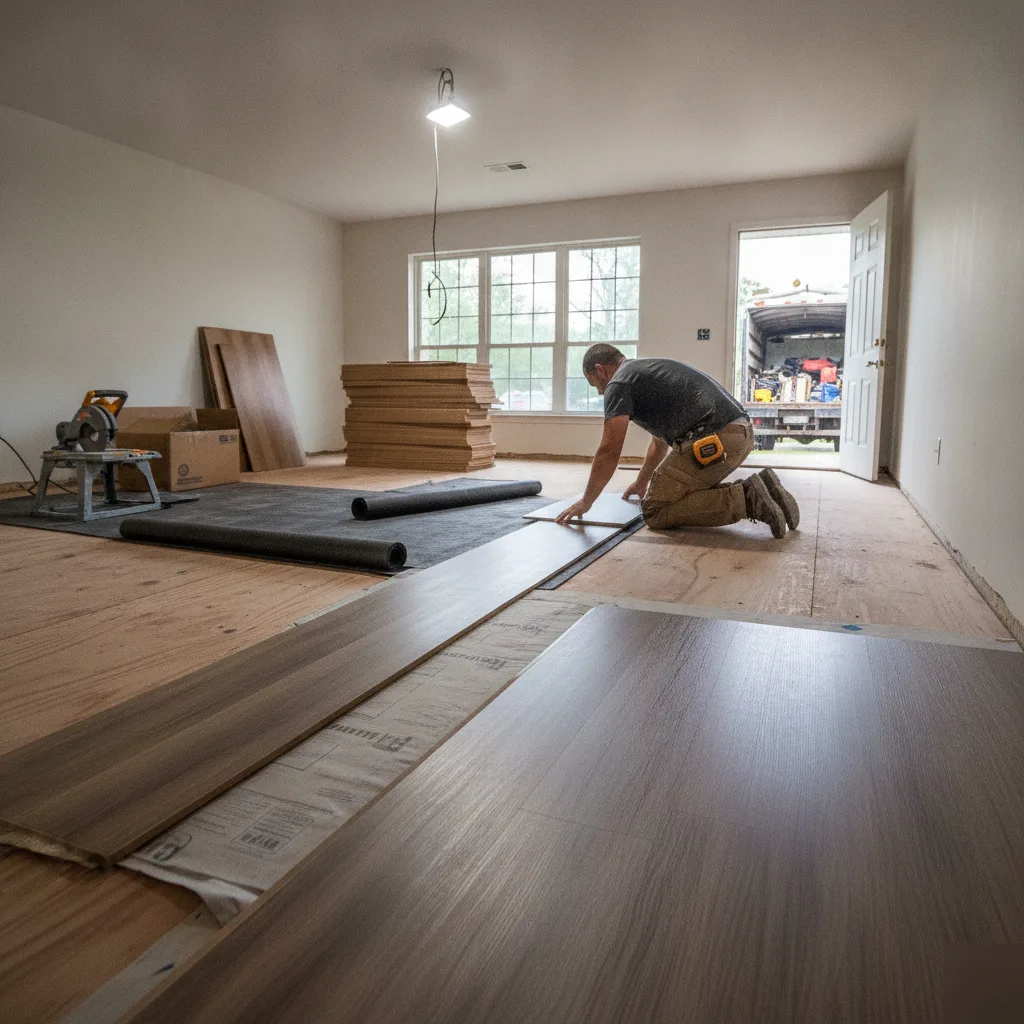 Flooring contractor installing luxury vinyl plank in an empty Leesburg VA room with underlayment unrolled hardwood stacked and a miter saw ready