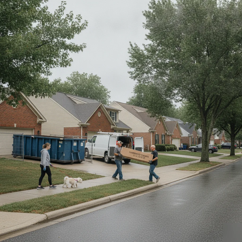 Two flooring contractors carrying a box of hardwood flooring from a work van to a brick home on a residential street in Leesburg VA