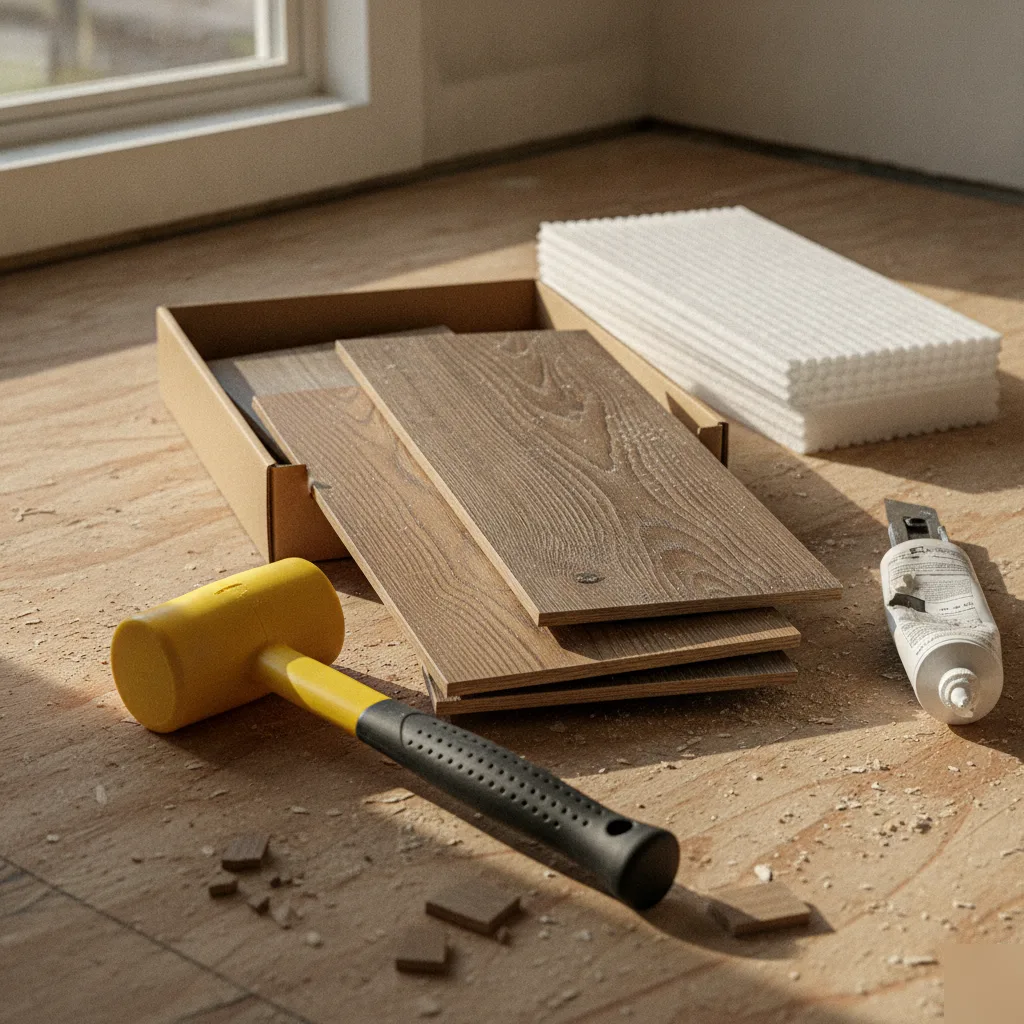 Flooring installation tools and materials laid out on a job site floor in Leesburg VA including LVP planks rubber mallet adhesive and tile spacers