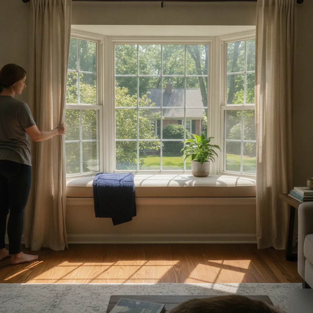 Homeowner standing beside a completed bay window installation with window seat plant and view of wooded Leesburg neighborhood