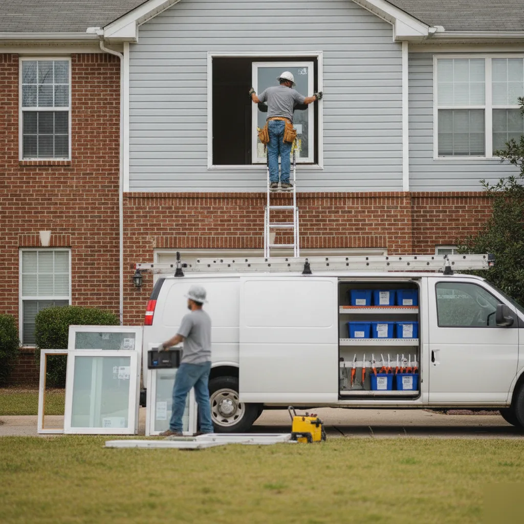 Two window installation contractors working on a second-story window of a brick home in Leesburg VA with replacement windows staged on the lawn