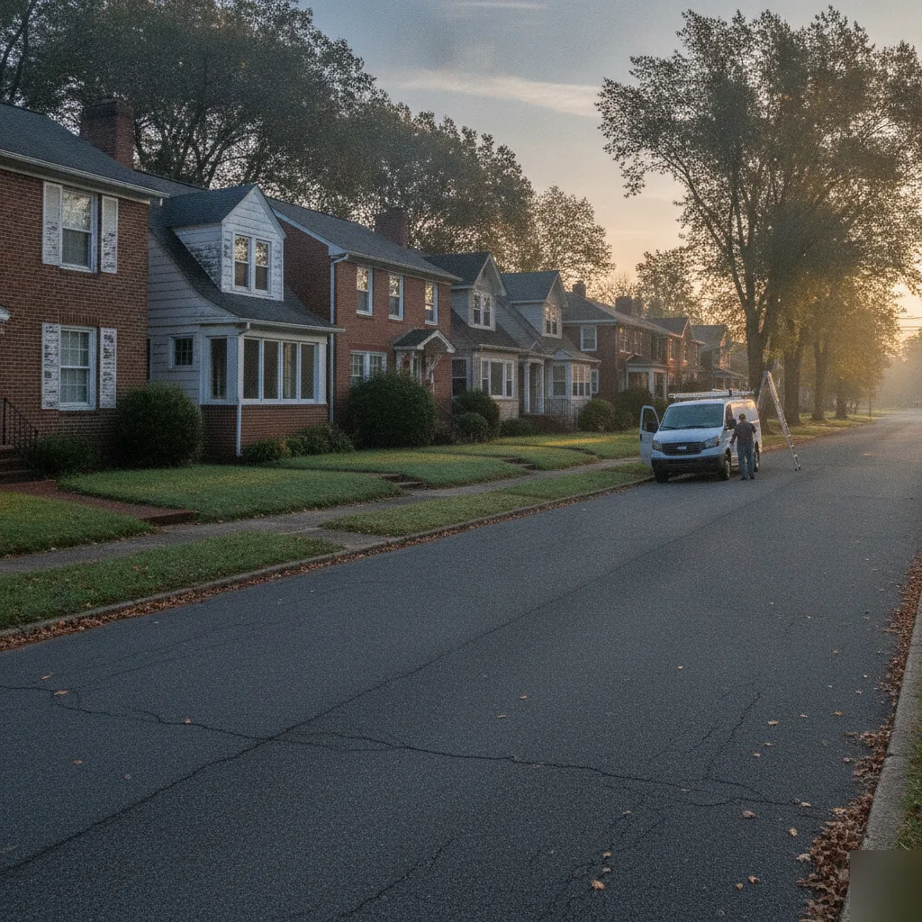 Window installation contractor arriving on a quiet residential street in Leesburg VA at dawn with a work van and ladder beside older brick homes