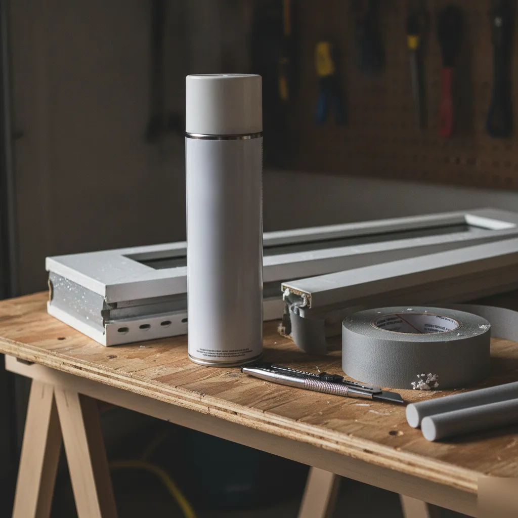 Window installation materials staged on a workbench including a window frame spray foam sealant flashing tape and a utility knife
