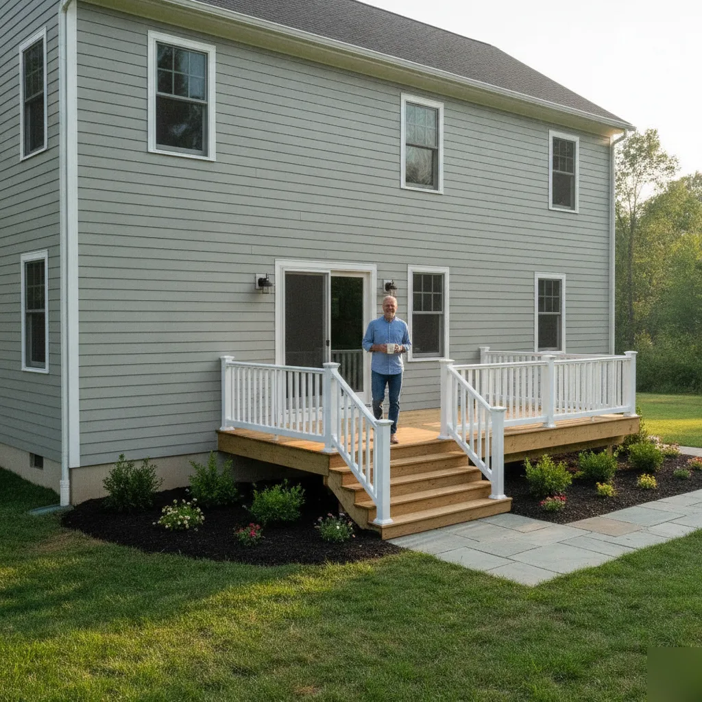 Homeowner standing on a completed wood deck with white railing on a renovated grey-sided two-story home in Leesburg VA