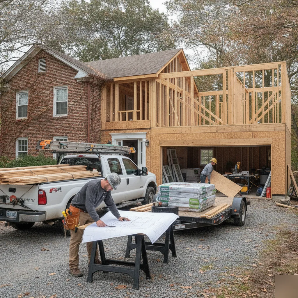 General contractor reviewing blueprints at a sawhorse table in front of a brick Leesburg home under renovation with new addition framing visible