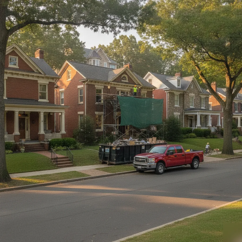 General contractor renovation in progress on a brick home on a Leesburg VA residential street with scaffolding dumpster and work truck visible