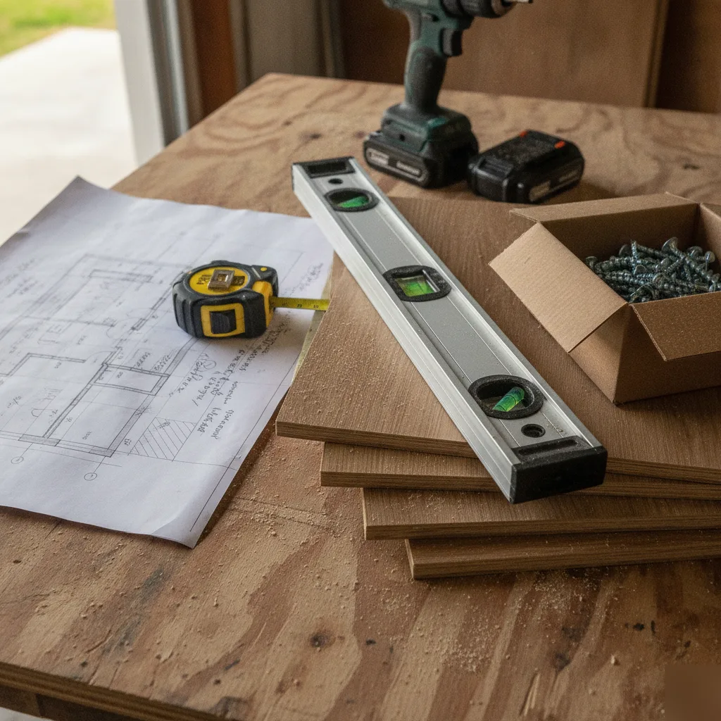 General contractor tools and materials staged on a workbench including floor plans level tape measure drill and box of screws for a Leesburg renovation