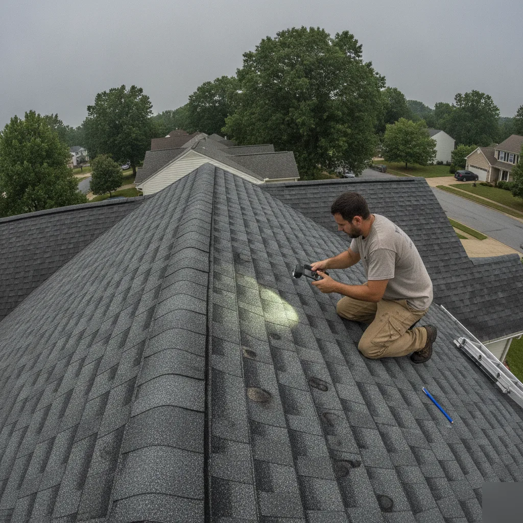 Roofing contractor photographing hail impact damage on an asphalt shingle roof in a Leesburg VA neighborhood for insurance claim documentation