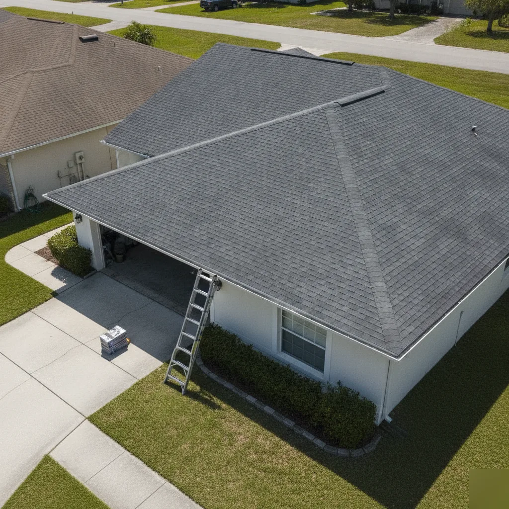 Aerial view of a completed asphalt shingle roof repair on a residential home in Leesburg VA after insurance claim approval with ladder still on site