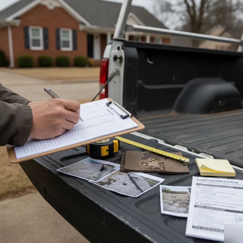Roofing contractor completing insurance claim damage documentation on a clipboard at a truck tailgate with photos cost estimate and tape measure in Leesburg VA